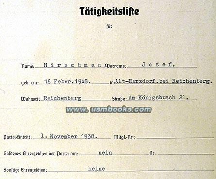 NSDAP Ttigkeitsliste, Nazi Party Activity List