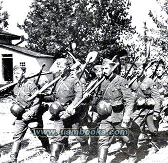 Rad men fighting with shovels and rifles