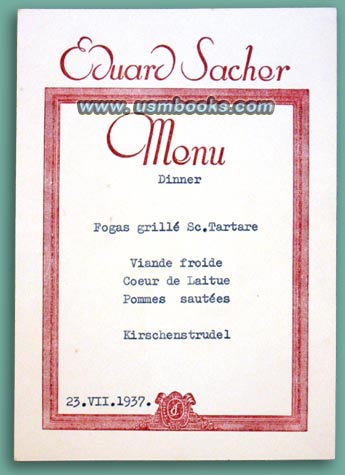 Hotel Sacher Menu 23 July 1937